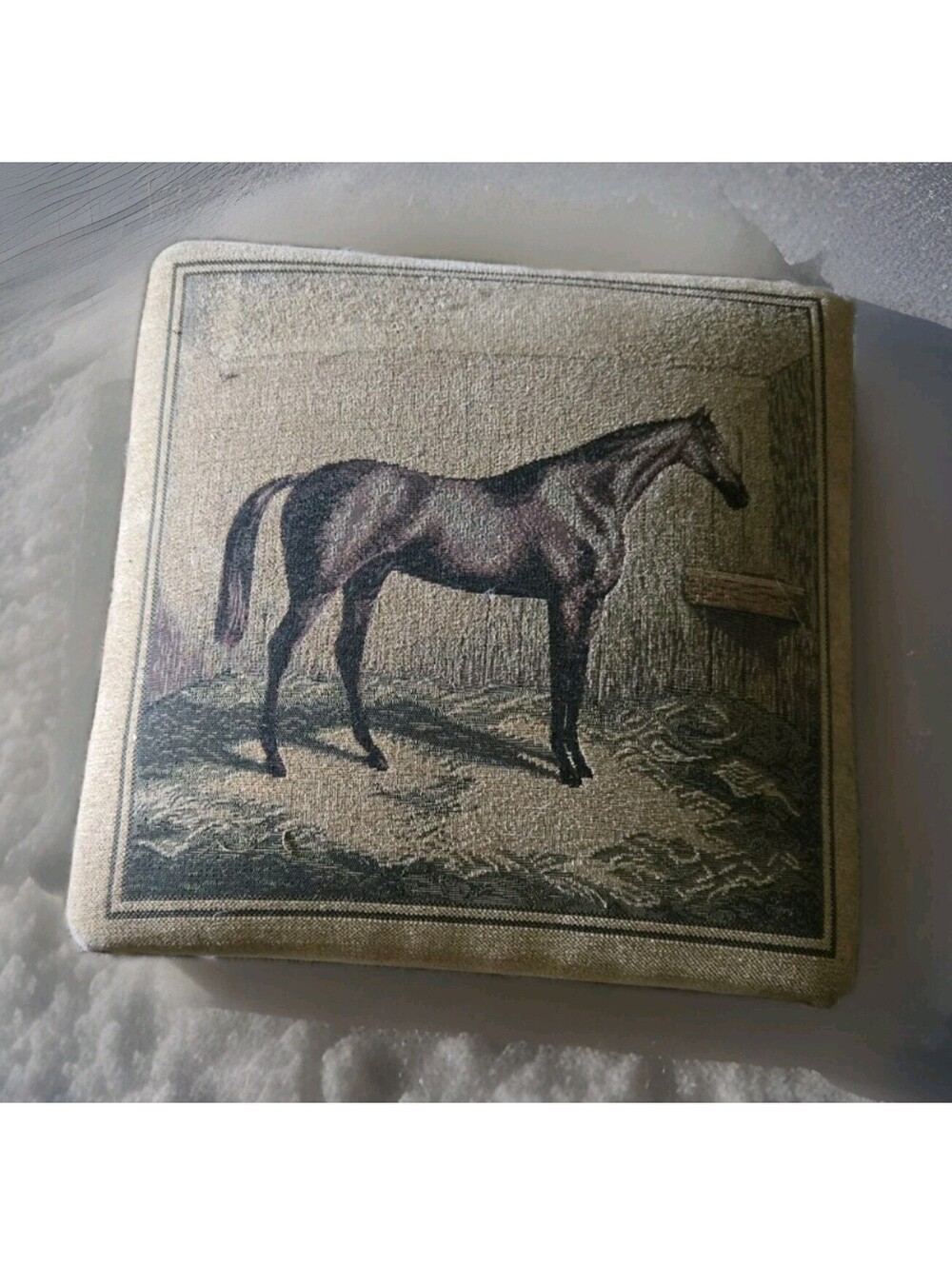 Vintage Wood Footed Square Equestrian Horse Fabric Covered Footstool Foot Rest